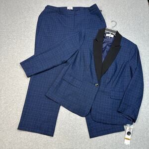 Le Suit Celeste Pantsuit Womens 16W Navy Light Blue Windowpane Contrast-Collar